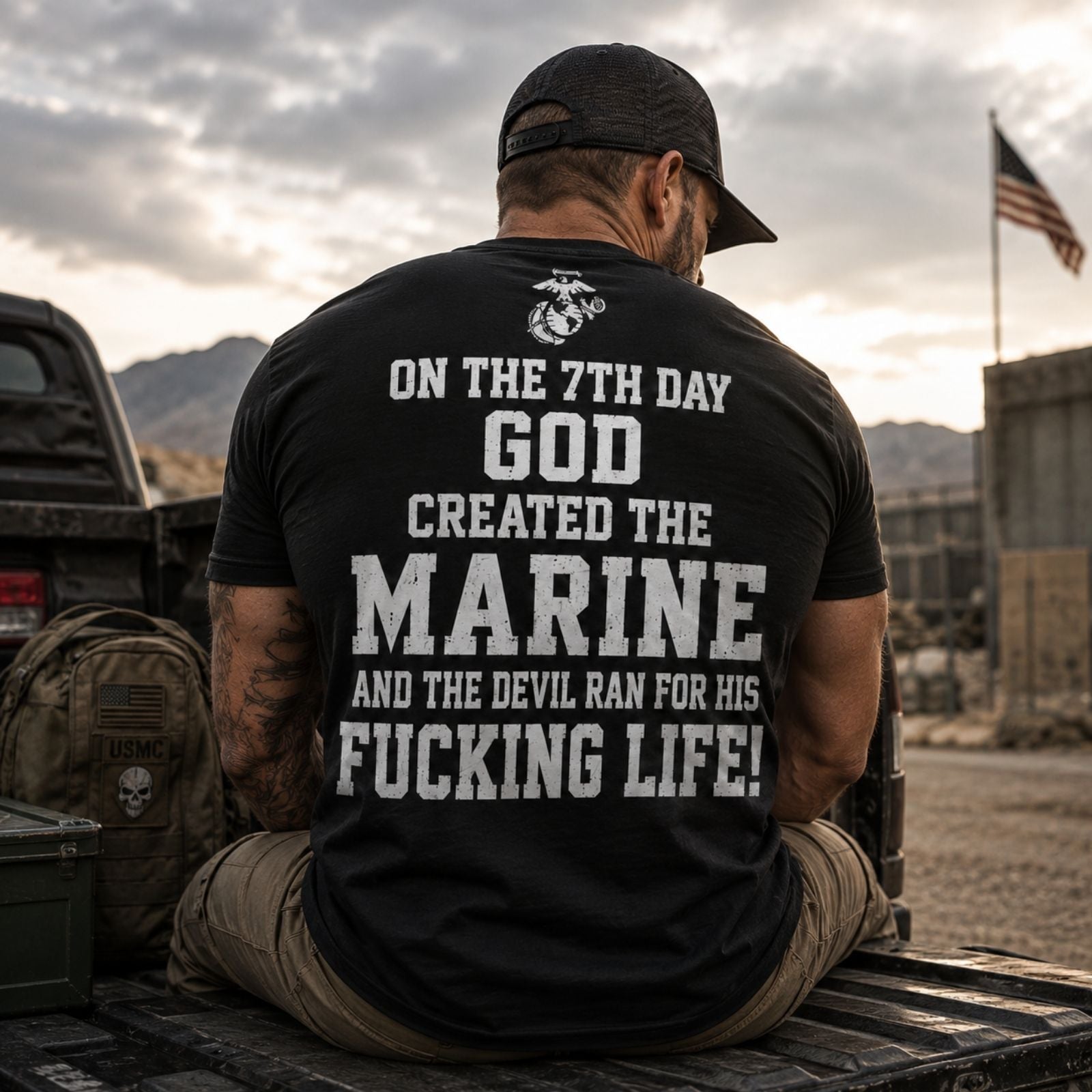 On The 7th Day God Created The Marine – USMC Back Print T-Shirt