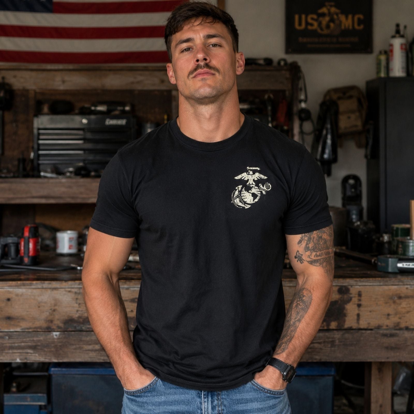 On The 7th Day God Created The Marine – USMC Back Print T-Shirt