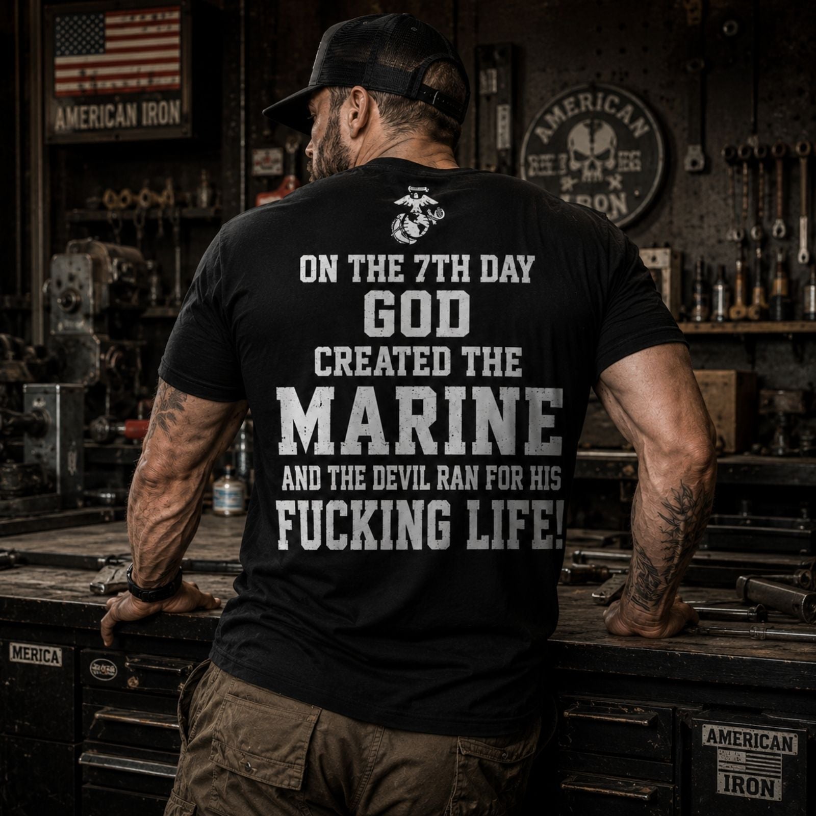 On The 7th Day God Created The Marine – USMC Back Print T-Shirt
