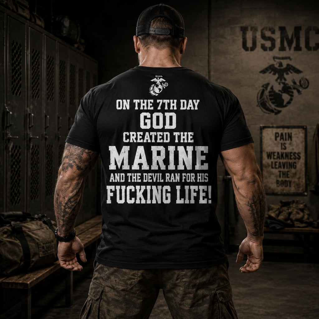 On The 7th Day God Created The Marine – USMC Back Print T-Shirt