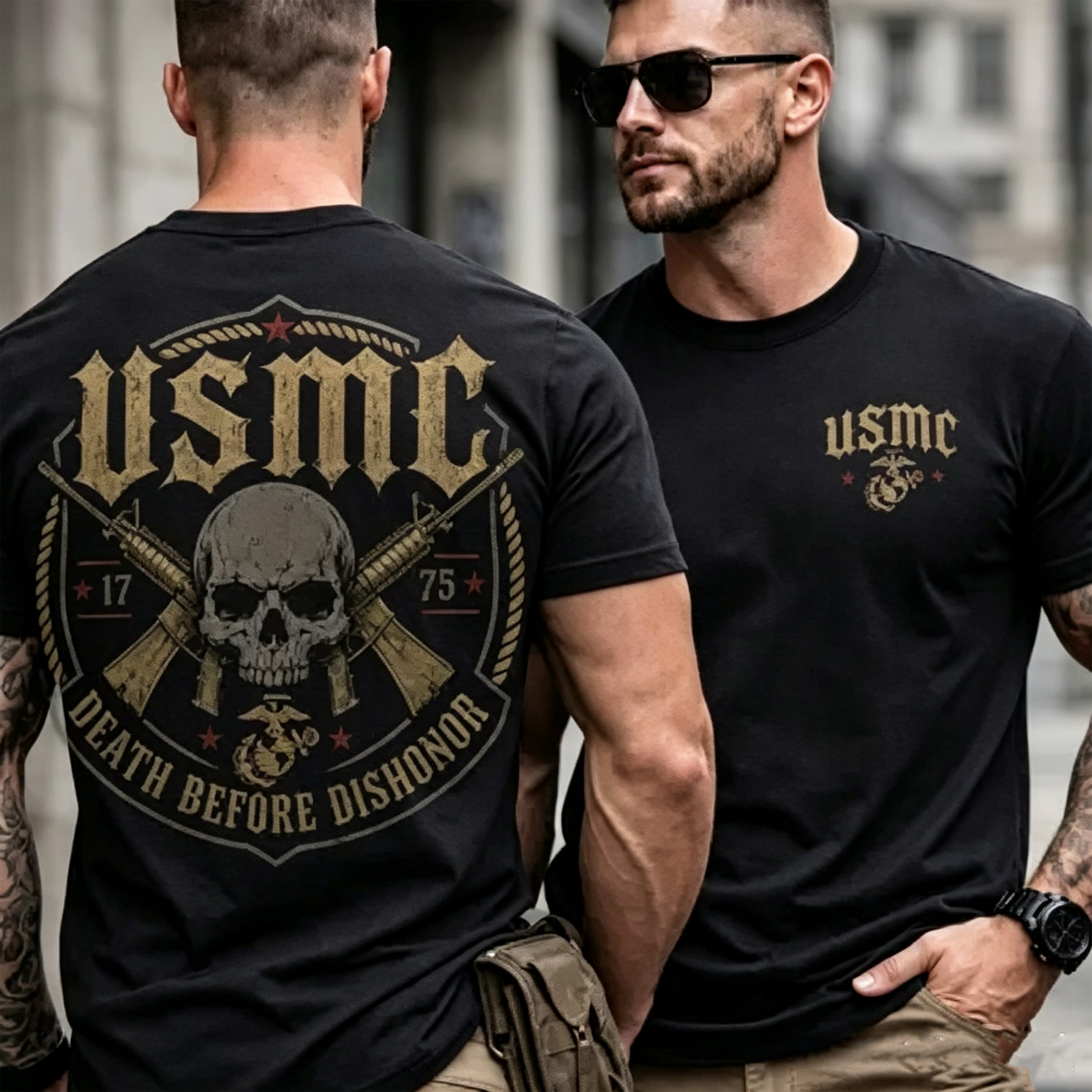 USMC 1775 Skull Print Cotton T-Shirt