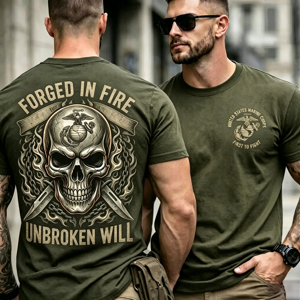 Men Forged In Fire Unbroken Will Skull Dagger Graphic Tactical T‑Shirt