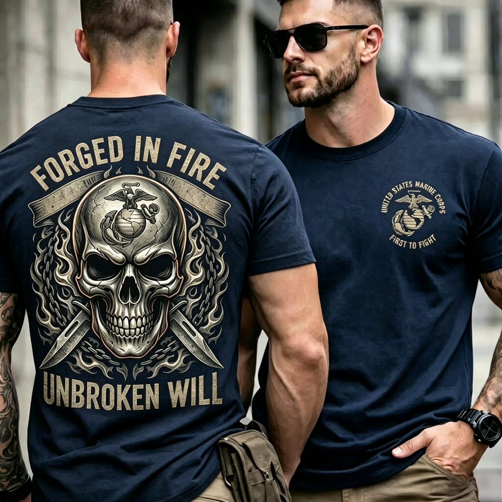 Men Forged In Fire Unbroken Will Skull Dagger Graphic Tactical T‑Shirt