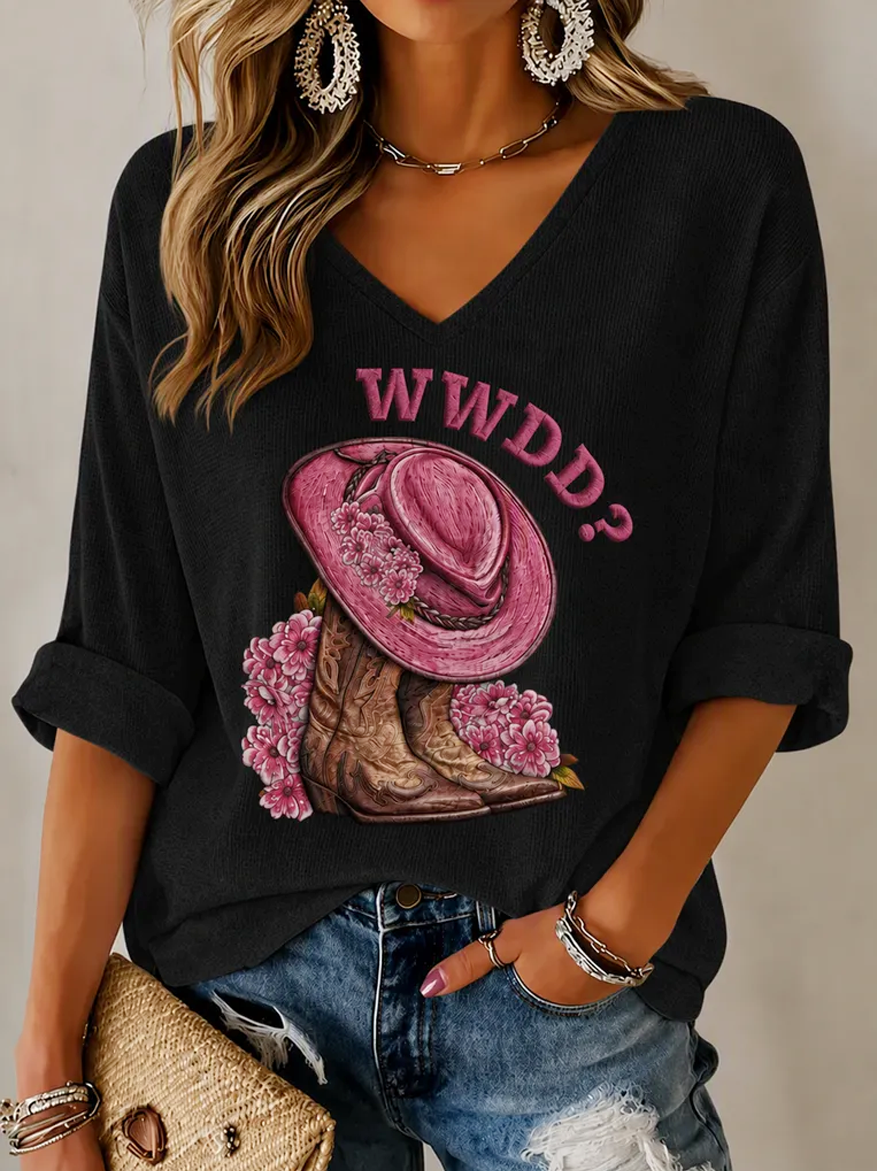 Women'S Commemorative Printed Waffle V-Neck Top