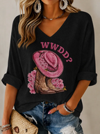 Women'S Commemorative Printed Waffle V-Neck Top