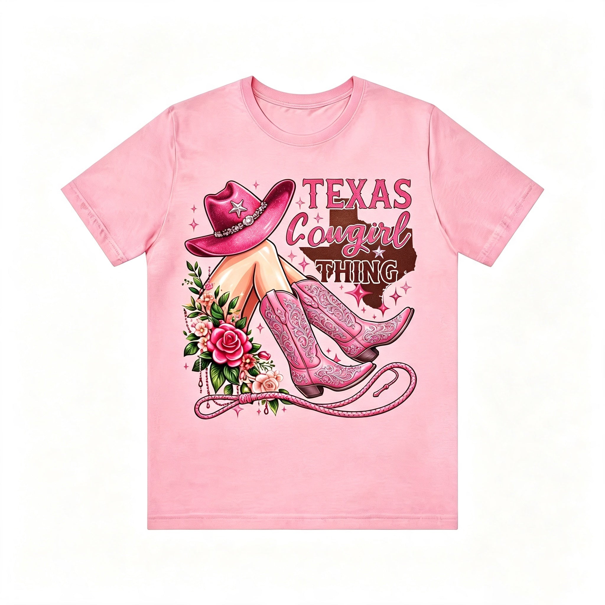Retro Texas Western Cowgirl Hat Boots Floral Print Tee