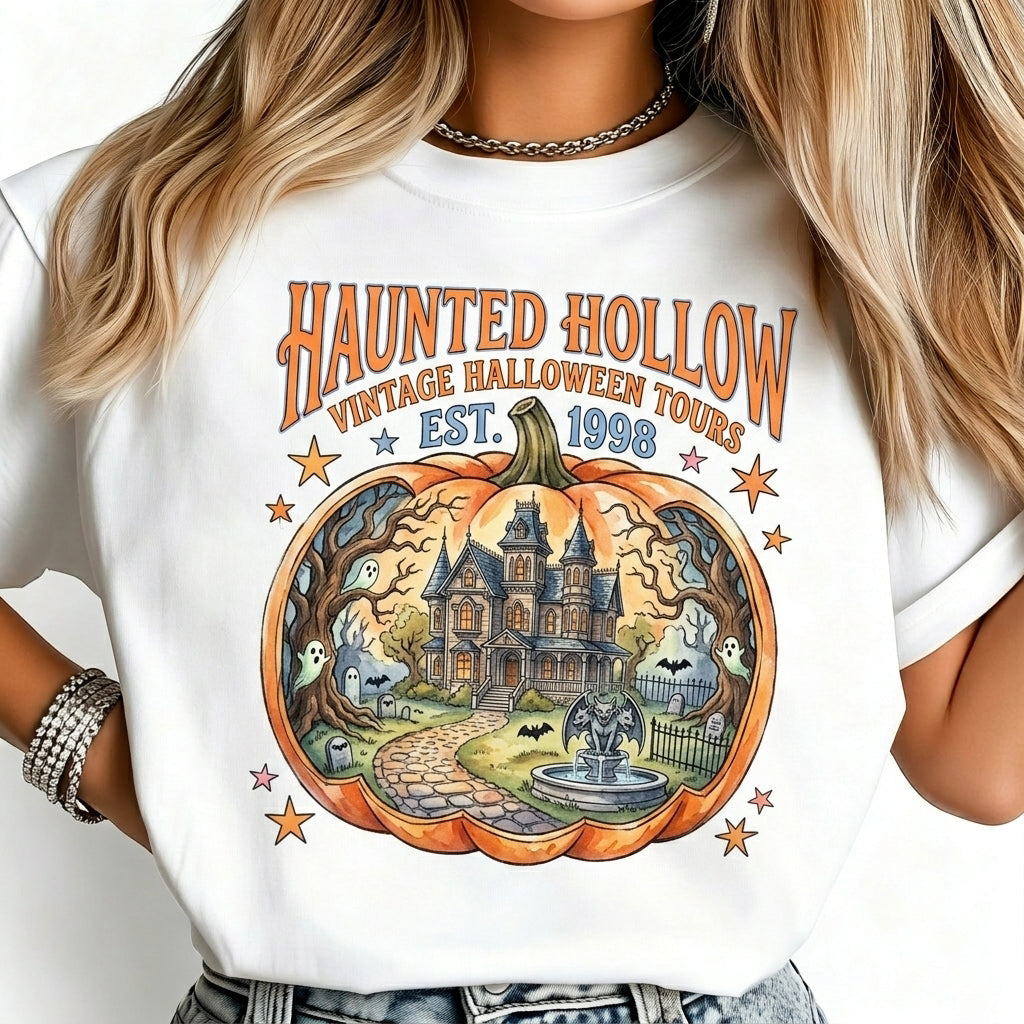 Haunted Hollow Vintage Halloween Pumpkin Graphic T‑Shirt