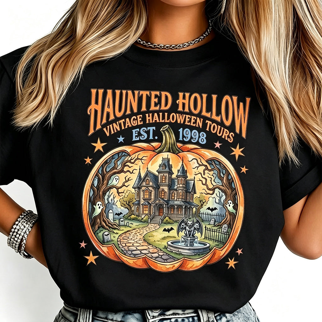 Haunted Hollow Vintage Halloween Pumpkin Graphic T‑Shirt