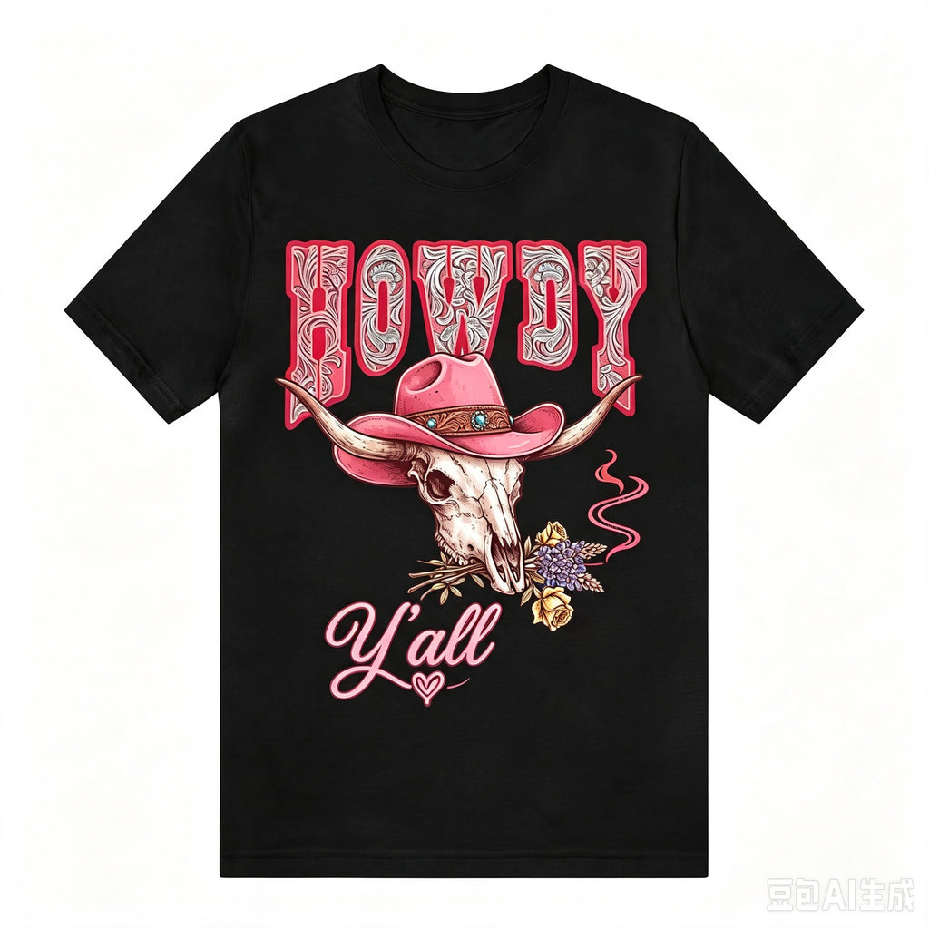 Howdy Y'all Western Bull Skull Cowboy Hat Graphic T‑Shirt