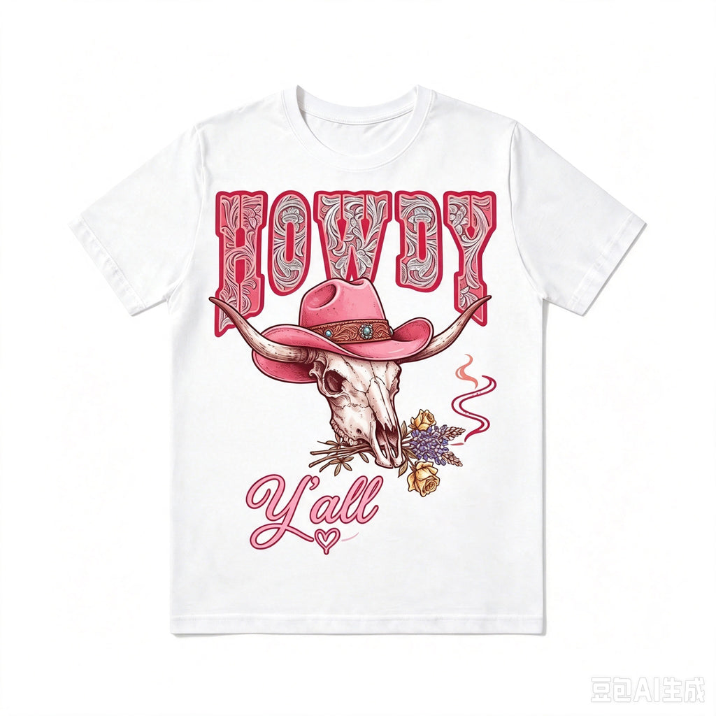 Howdy Y'all Western Bull Skull Cowboy Hat Graphic T‑Shirt