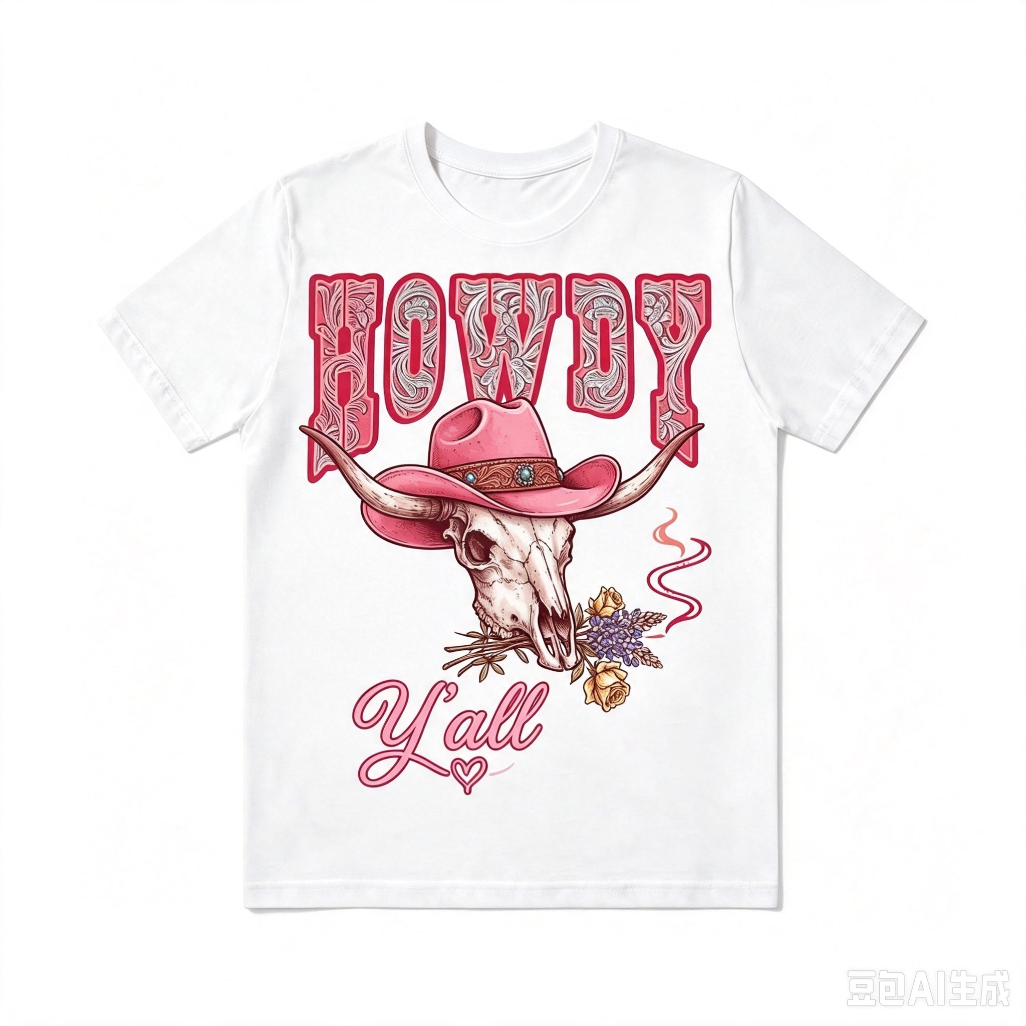 Howdy Y'all Western Bull Skull Cowboy Hat Graphic T‑Shirt