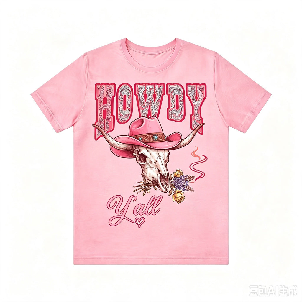 Howdy Y'all Western Bull Skull Cowboy Hat Graphic T‑Shirt