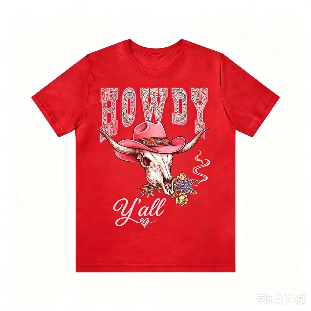 Howdy Y'all Western Bull Skull Cowboy Hat Graphic T‑Shirt