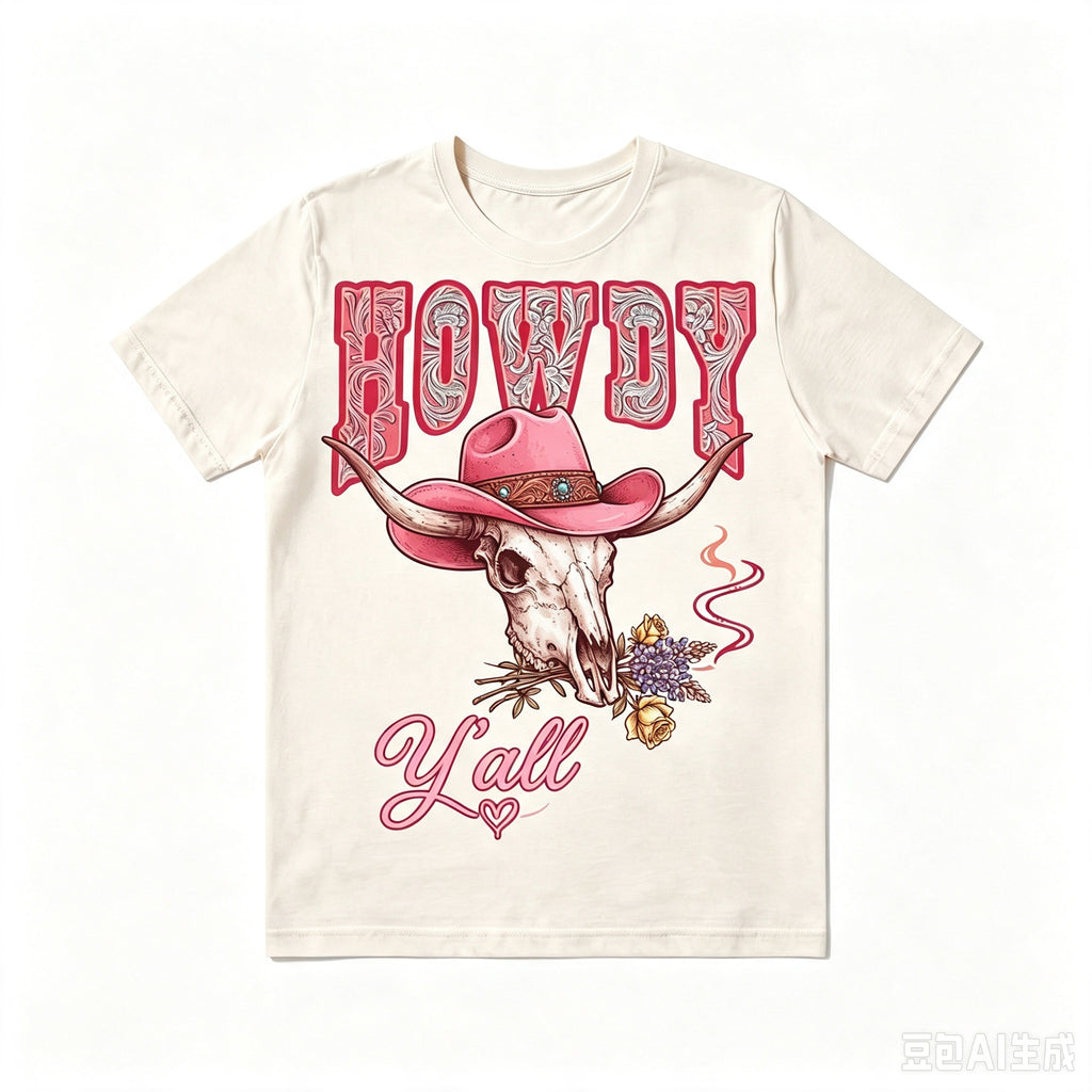 Howdy Y'all Western Bull Skull Cowboy Hat Graphic T‑Shirt