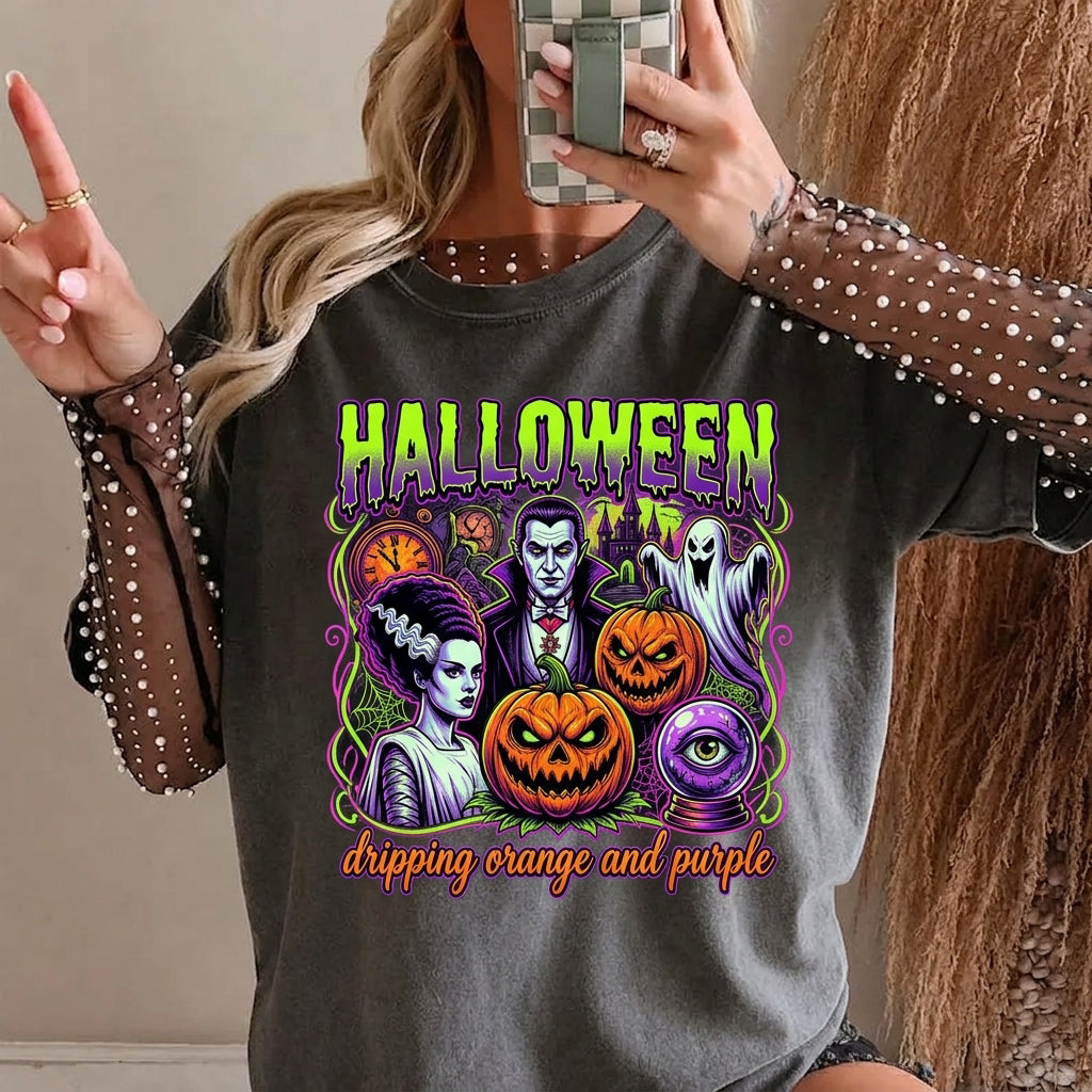 Colorful Halloween Monsters Casual Short‑Sleeve T‑Shirt