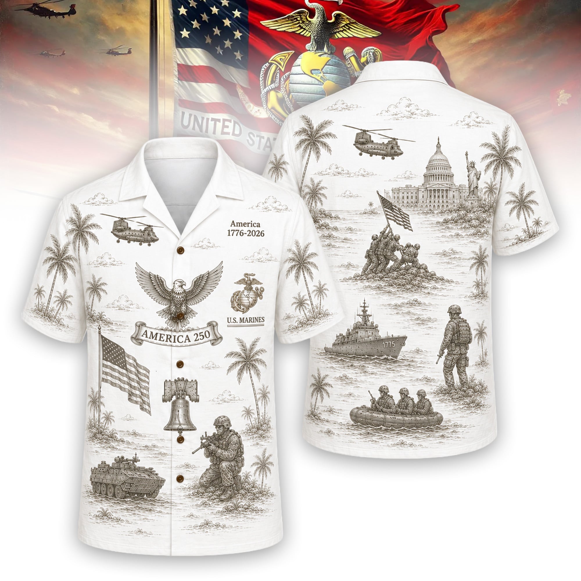 America 250 U.S. Marine Veteran Hawaiian Shirt