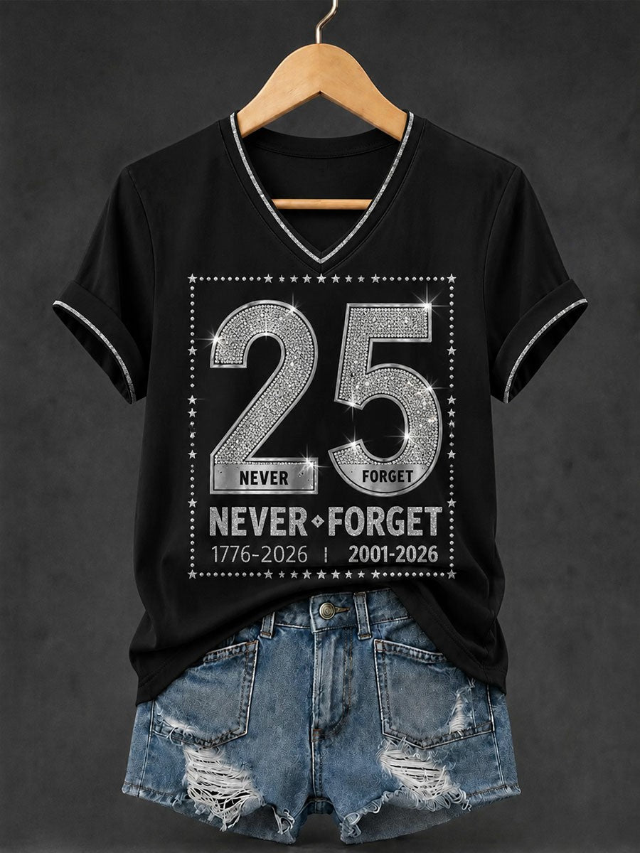 Women's 9.11 Never Forget Printed V-neck T-shirt