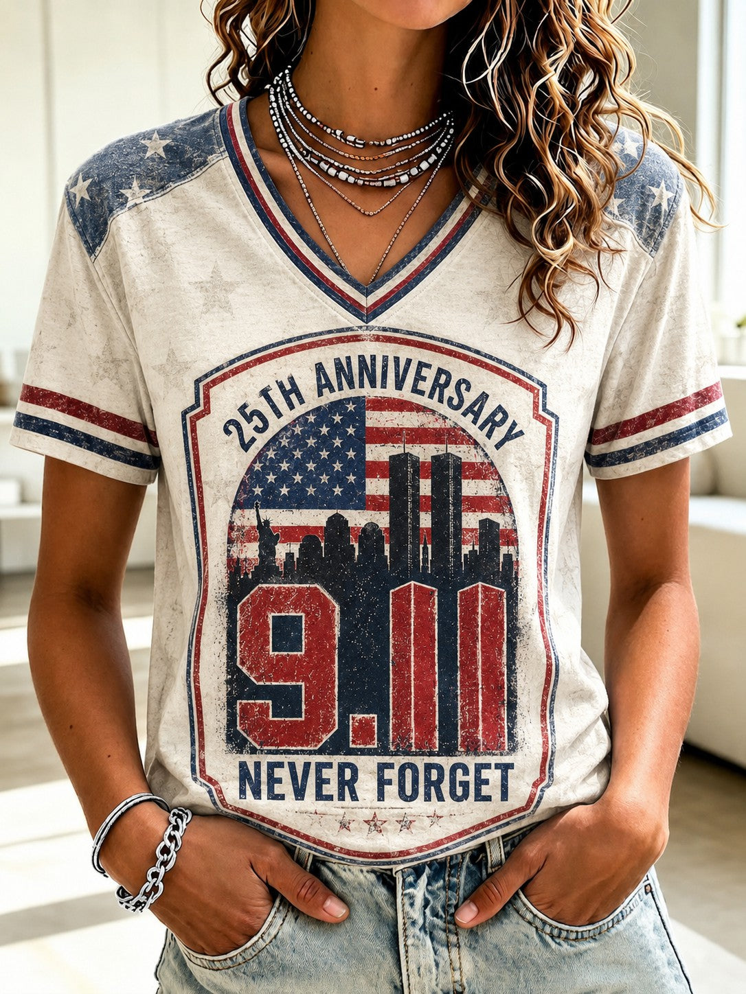 Women's 9.11 Never Forget Printed V-neck T-shirt