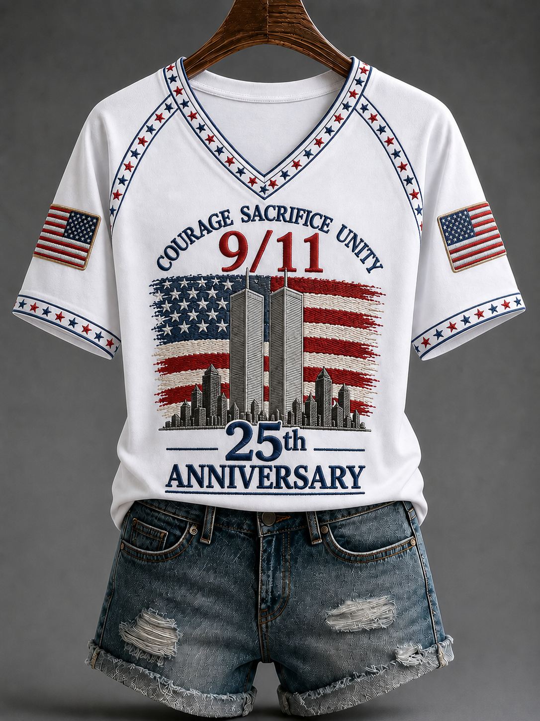 Women's American Patriot Day V-neck Off-shoulder Short-sleeved T-shirt