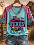 Women's She's From Texas I Can Tell Print Casual V-Neck Tee