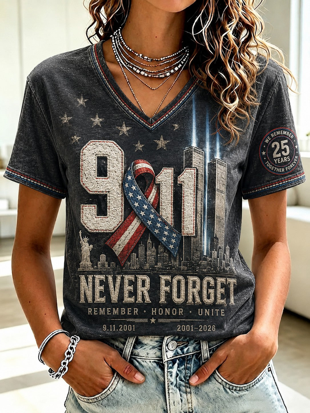 Women's 9.11 Never Forget Printed V-neck T-shirt