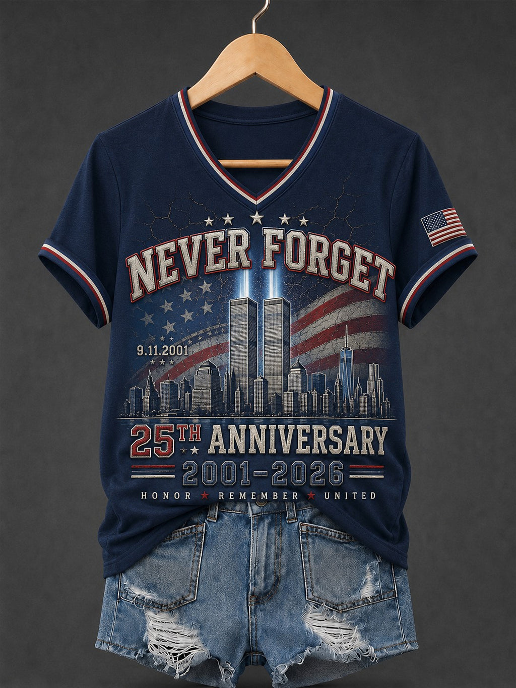 Women's 9.11 Never Forget Printed V-neck T-shirt