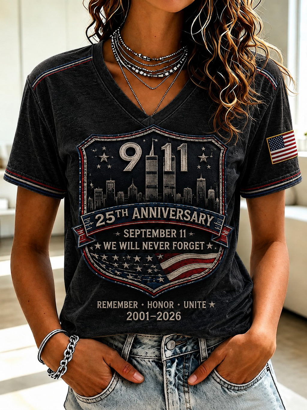 Women's 9.11 Never Forget Printed V-neck T-shirt