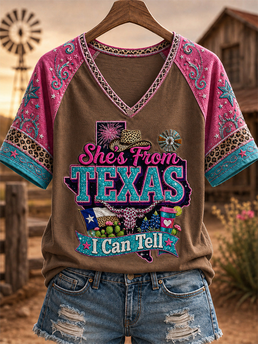 Women's She's From Texas I Can Tell Print Casual V-Neck Tee
