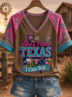 Women's She's From Texas I Can Tell Print Casual V-Neck Tee