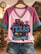 Women's She's From Texas I Can Tell Print Casual V-Neck Tee