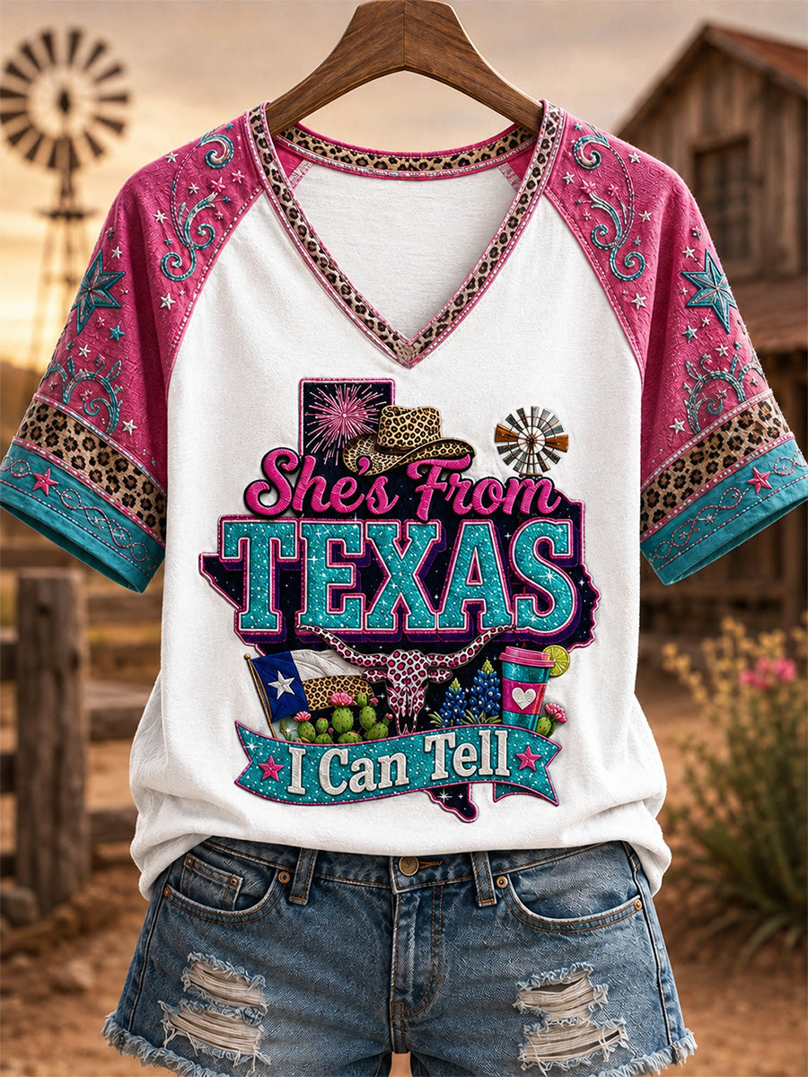 Women's She's From Texas I Can Tell Print Casual V-Neck Tee