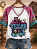Women's She's From Texas I Can Tell Print Casual V-Neck Tee