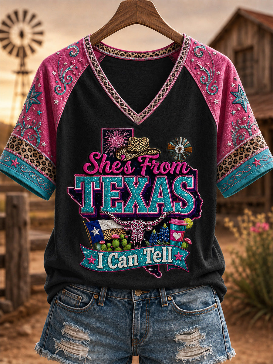 Women's She's From Texas I Can Tell Print Casual V-Neck Tee
