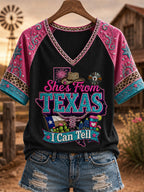 Women's She's From Texas I Can Tell Print Casual V-Neck Tee