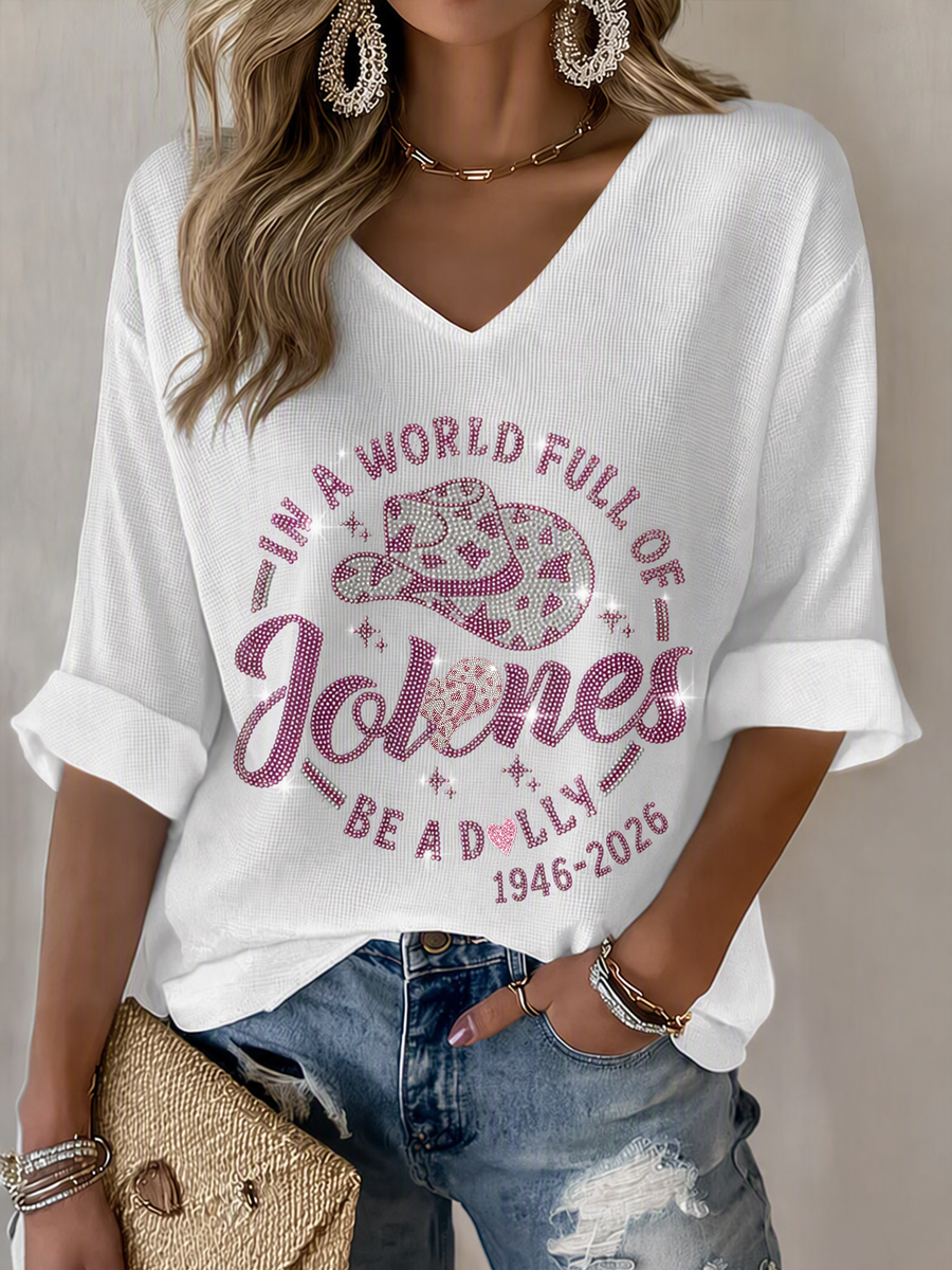 Women's commemorative pattern Waffle V-neck top