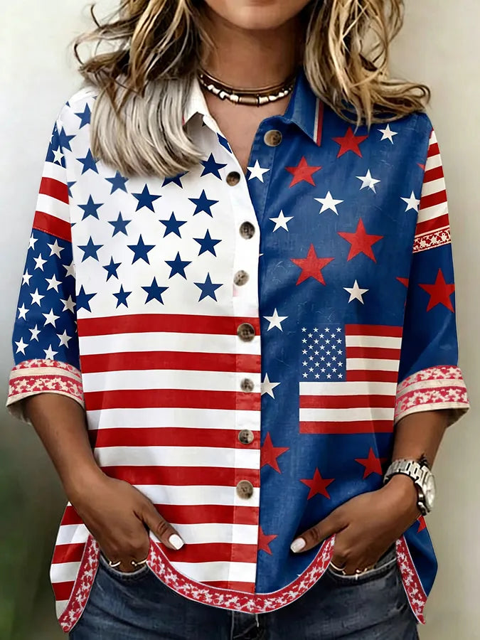 Women'S Retro Independence Day Floral Flag Printed Cotton Linen Shirt