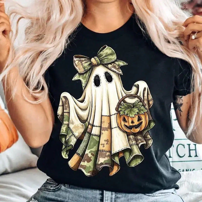 Camo Bow Ghost Pumpkin Halloween Graphic T‑Shirt