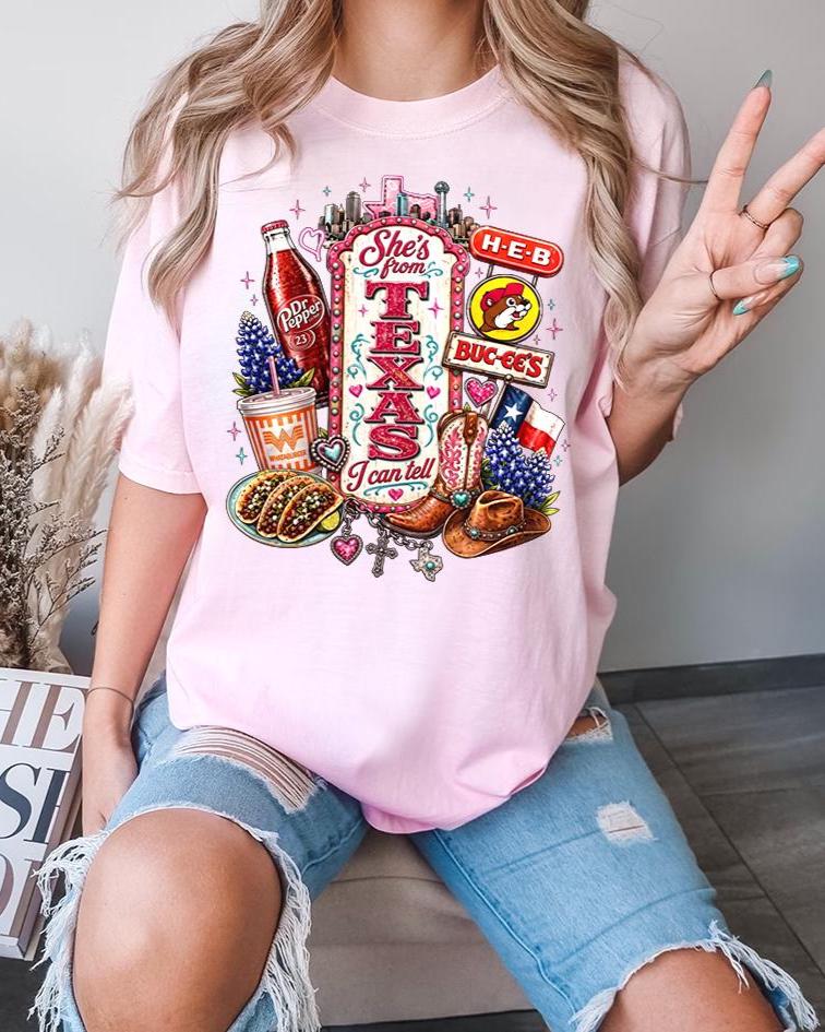 Texas Icons Tee: She's From I Can Tell Pink Glam State Pride