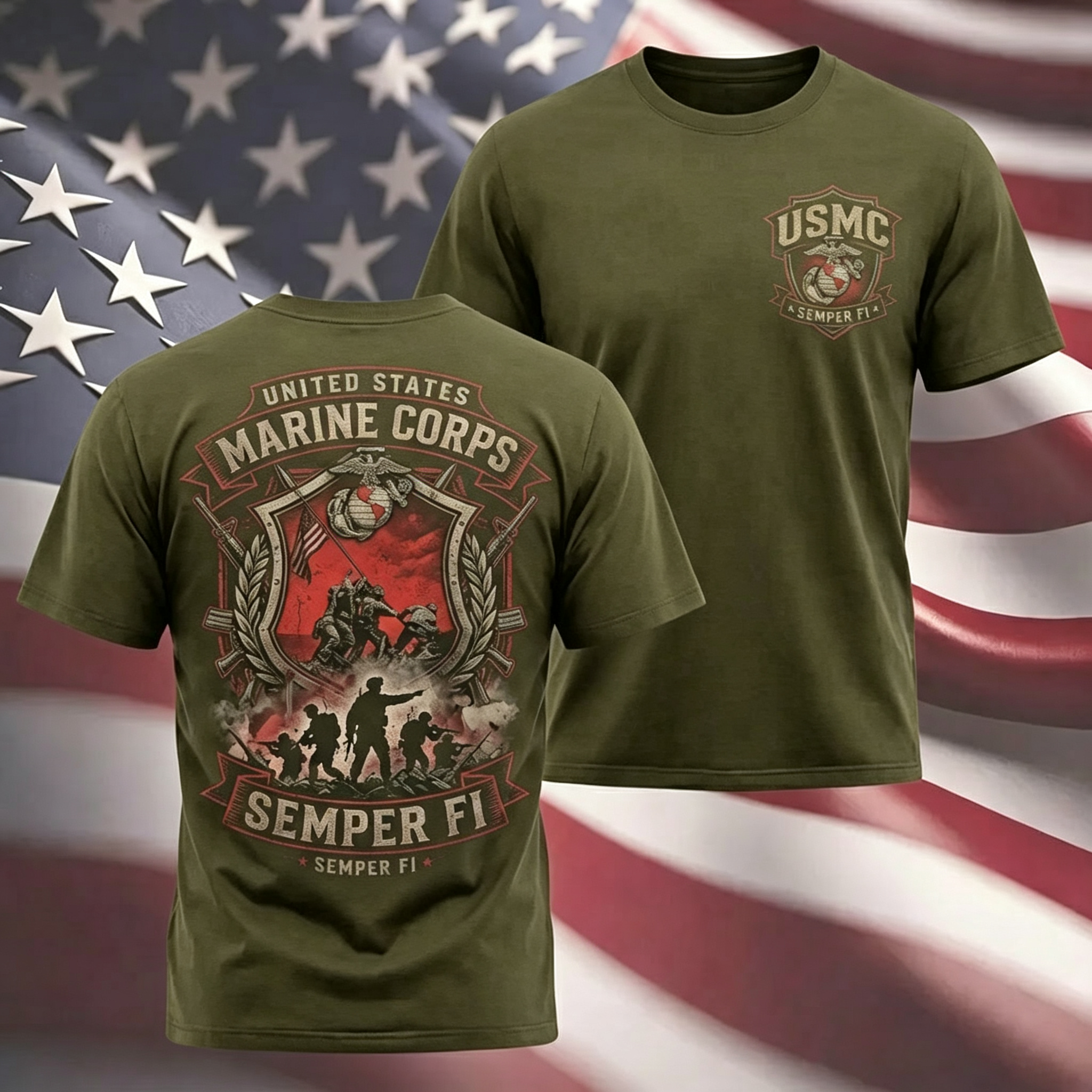 Retro Battle Scene USMC Graphic Men's T‑Shirt