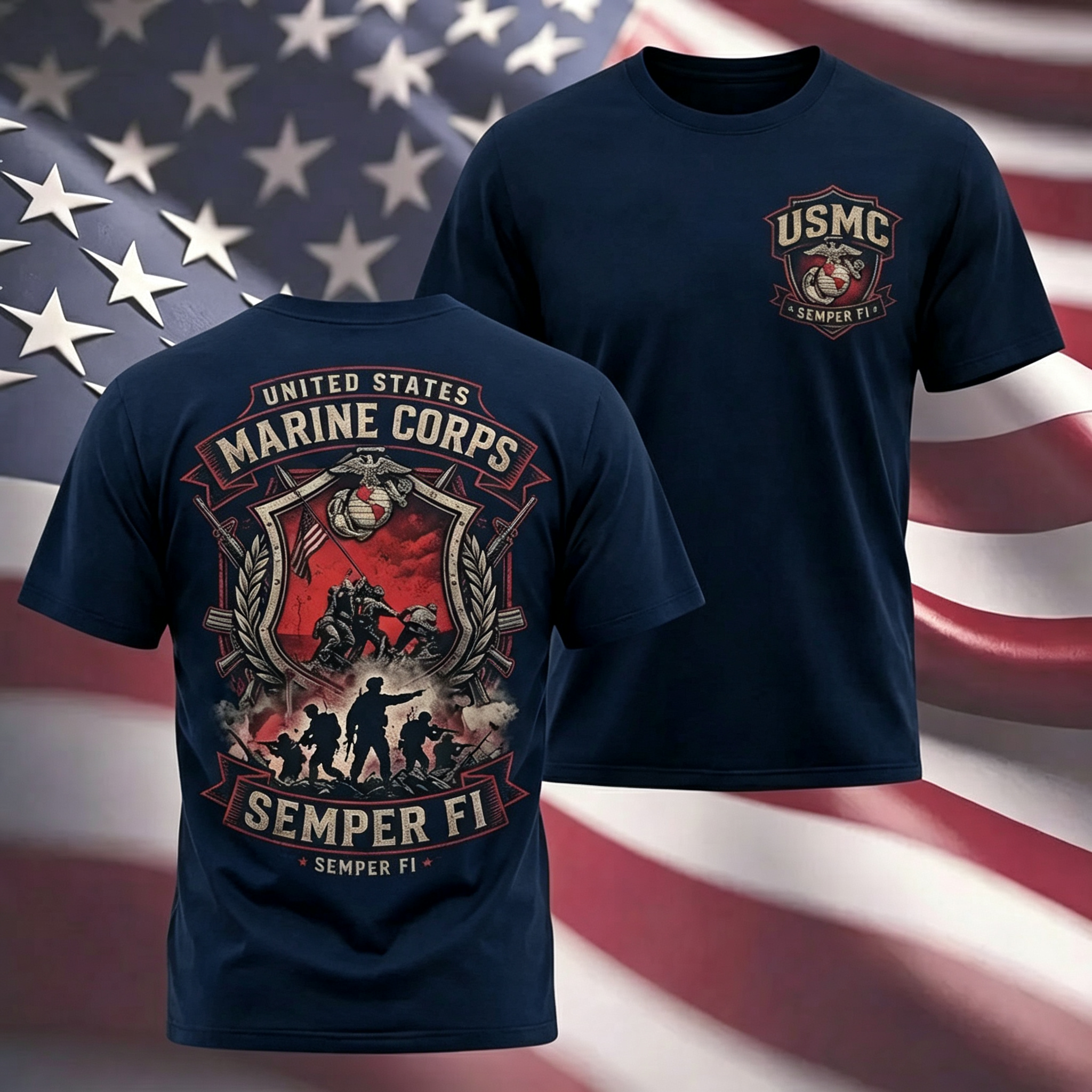 Retro Battle Scene USMC Graphic Men's T‑Shirt