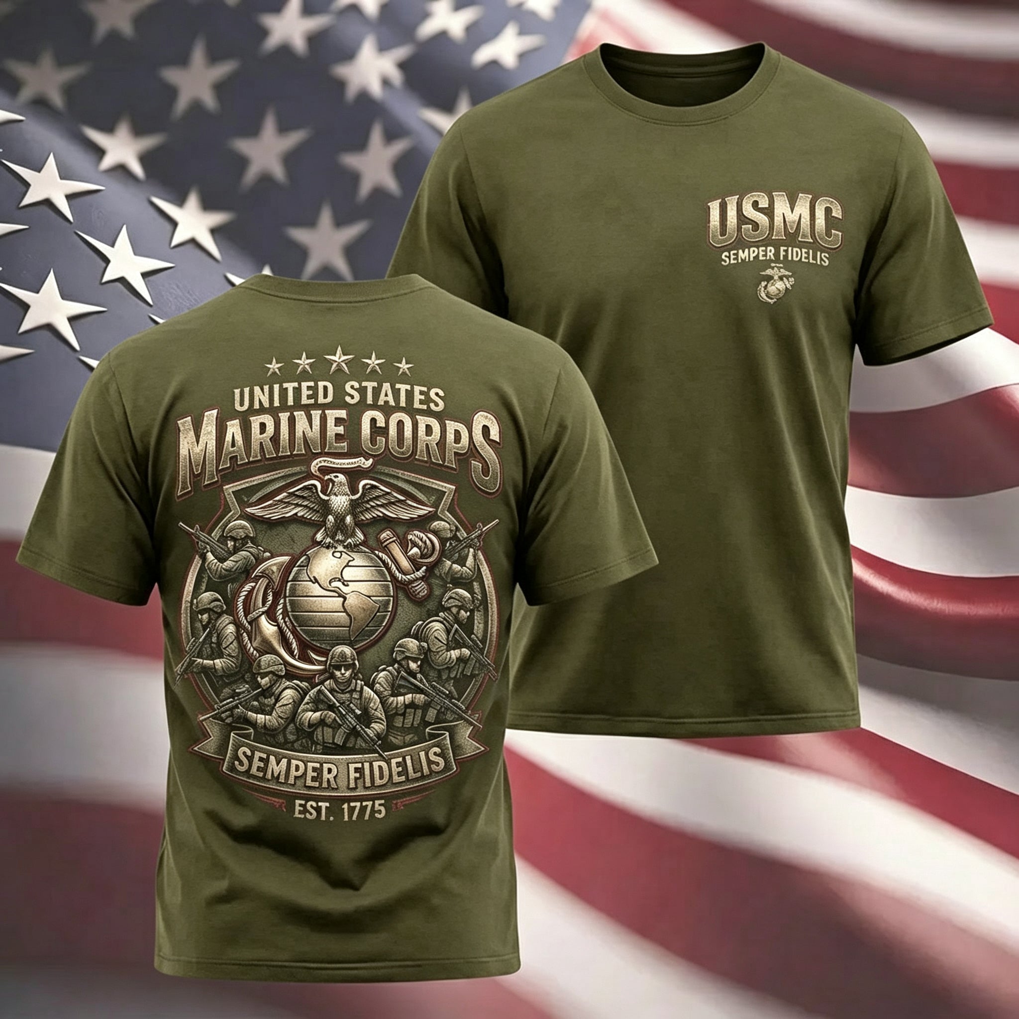 Vintage Marine Corps Soldier Print Casual Tee