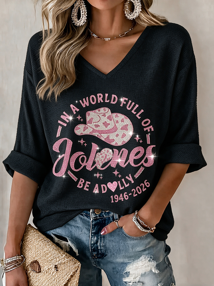 Women's commemorative pattern Waffle V-neck top