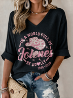 Women's commemorative pattern Waffle V-neck top