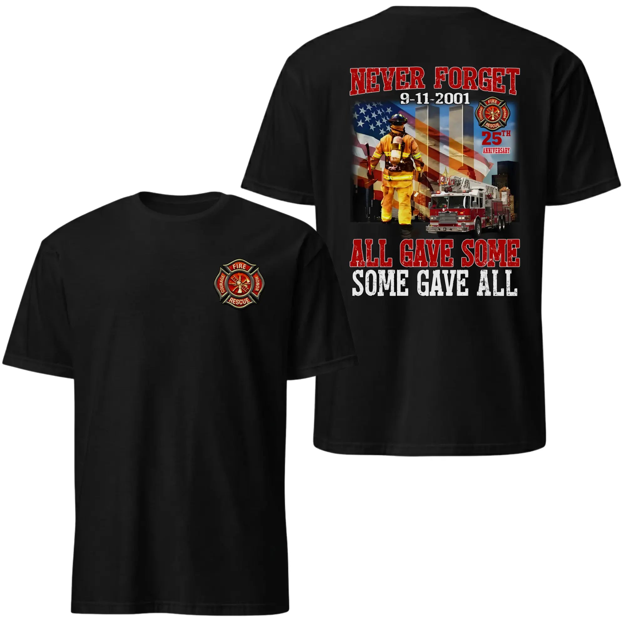 Never Forget 9/11 Firefighter Memorial Tee - 25th Anniversary Rescue Graphic Shirt