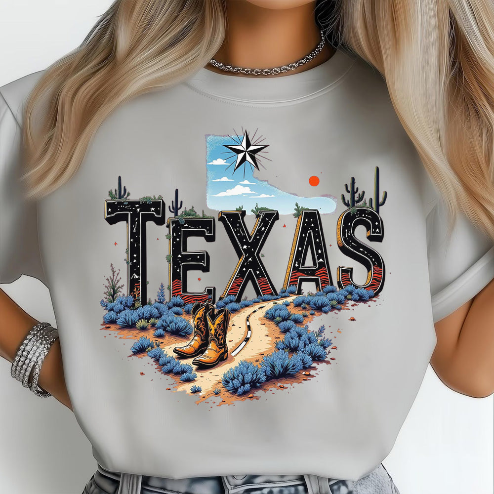 Texas Map State Wild West Cowboy Boots, Star Flag T-shirt