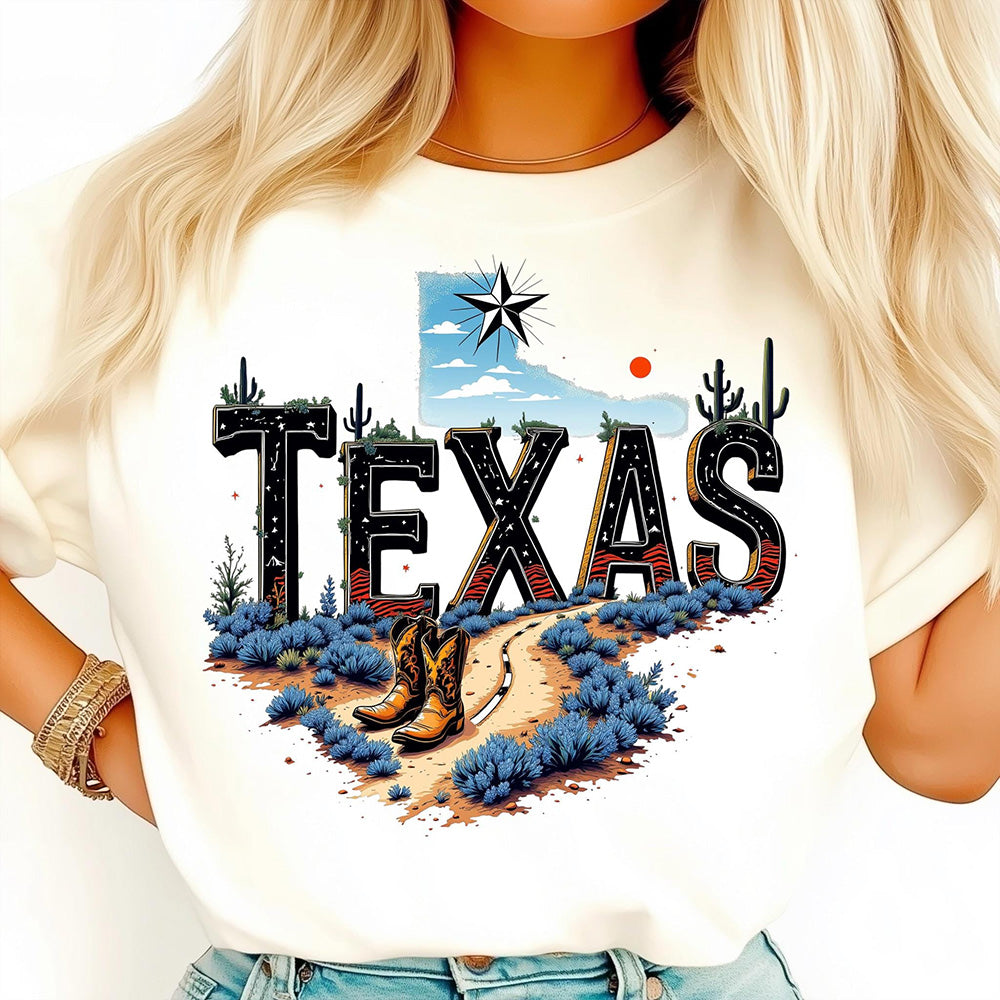 Texas Map State Wild West Cowboy Boots, Star Flag T-shirt