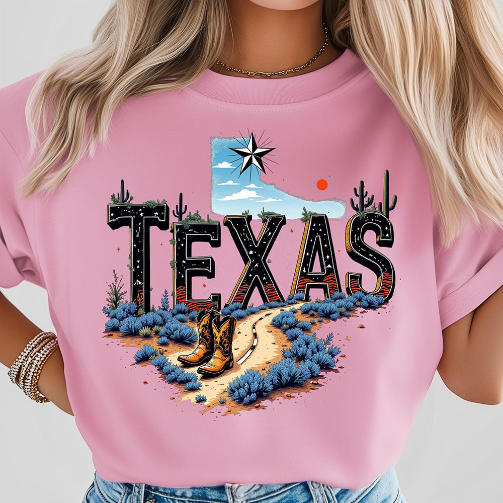 Texas Map State Wild West Cowboy Boots, Star Flag T-shirt