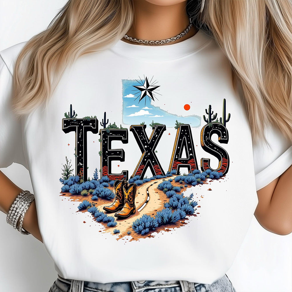 Texas Map State Wild West Cowboy Boots, Star Flag T-shirt