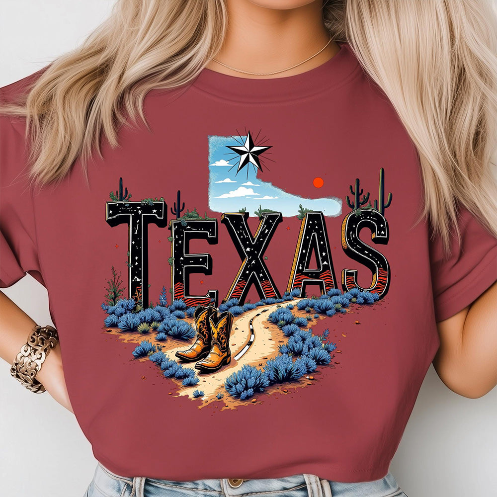 Texas Map State Wild West Cowboy Boots, Star Flag T-shirt