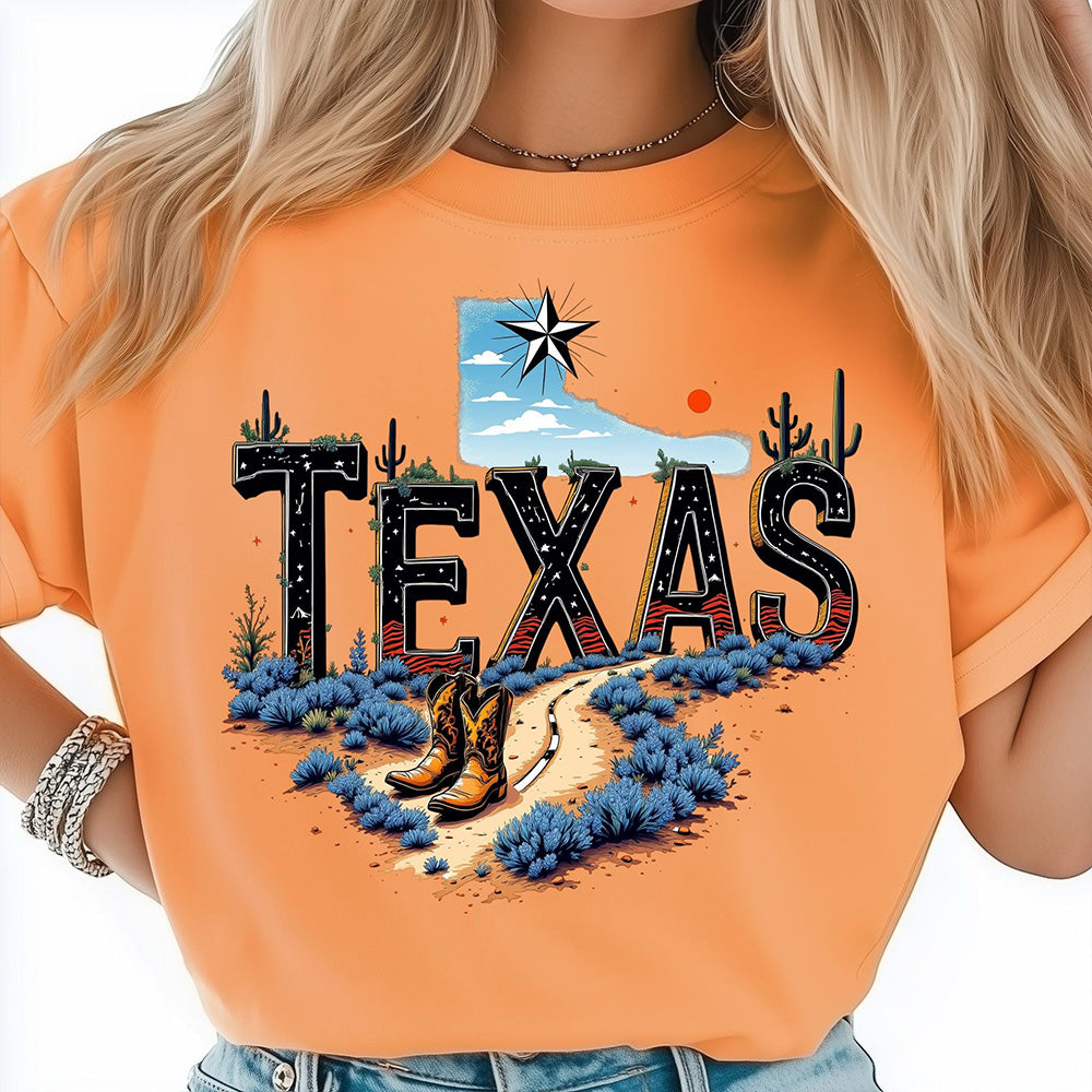 Texas Map State Wild West Cowboy Boots, Star Flag T-shirt